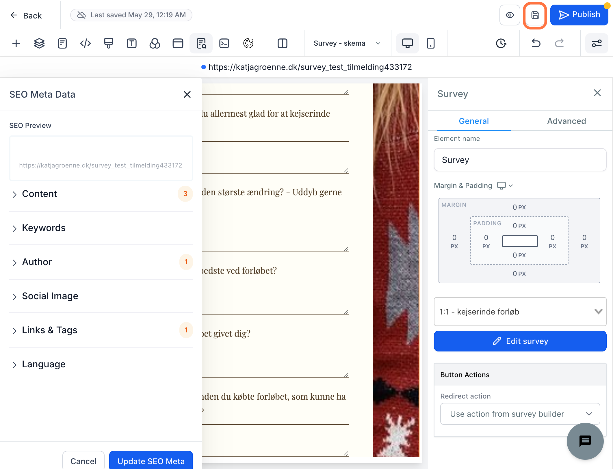 Klik på Save/Gem-ikonet og derefter "Publish"