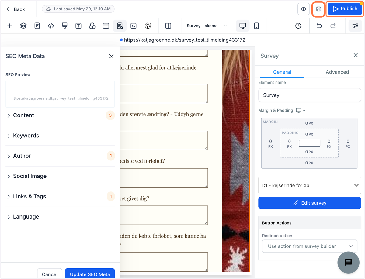 Klik på Save/Gem-ikonet og derefter "Publish"