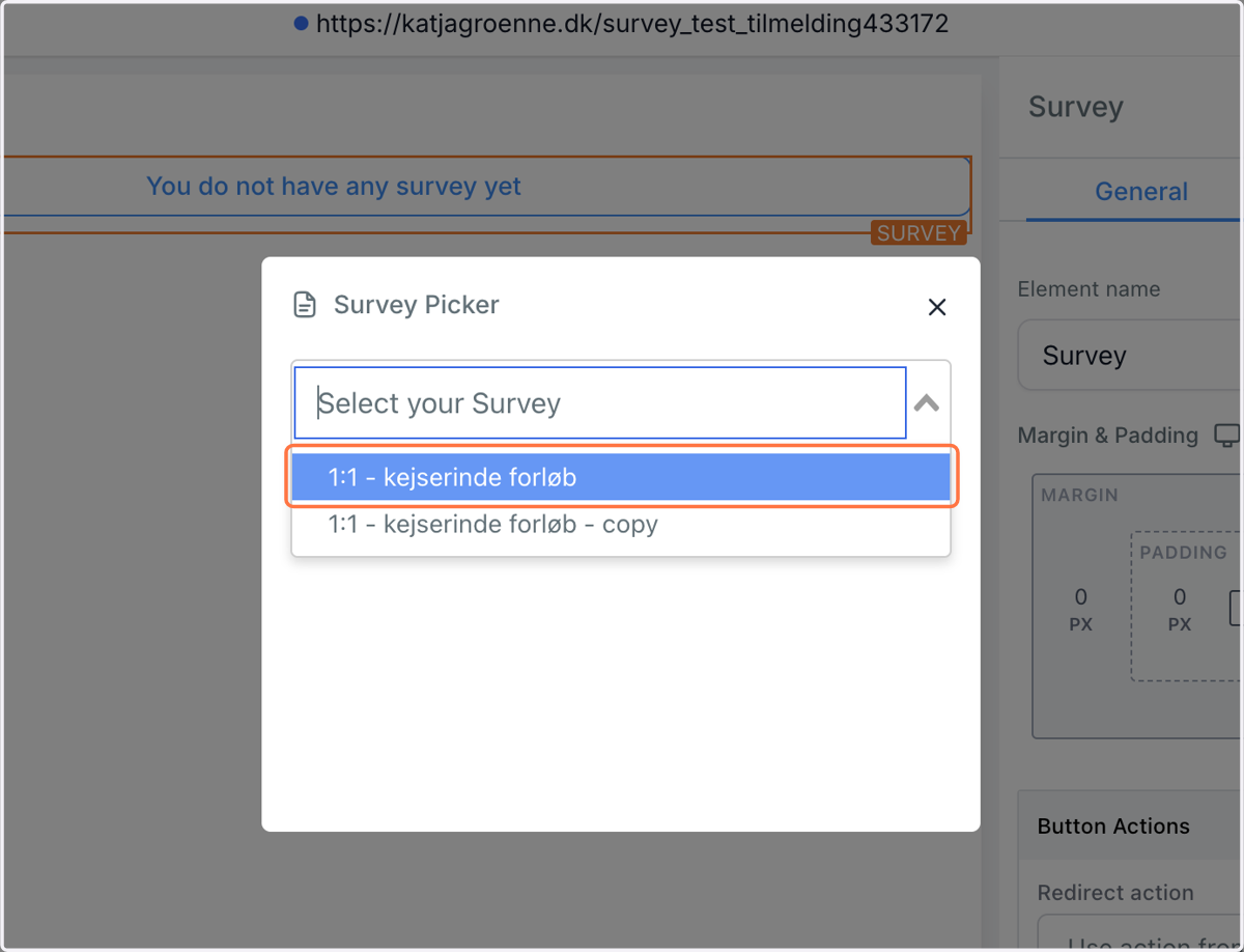 Vælg din survey i listen