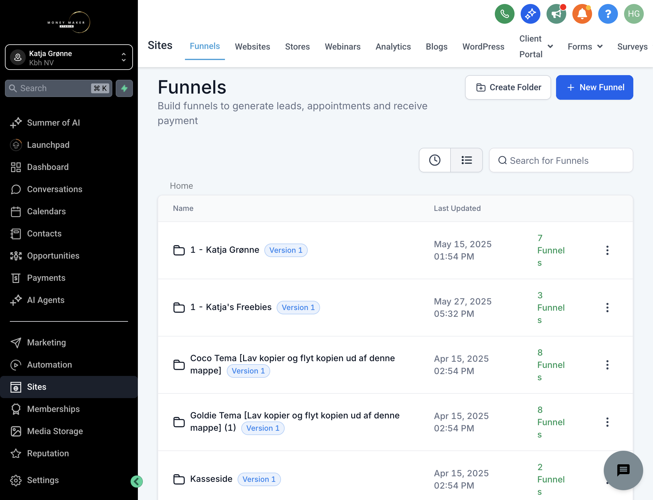 Under menuen "Sites" og derefter "Funnels", klik på "+ New Funnel"