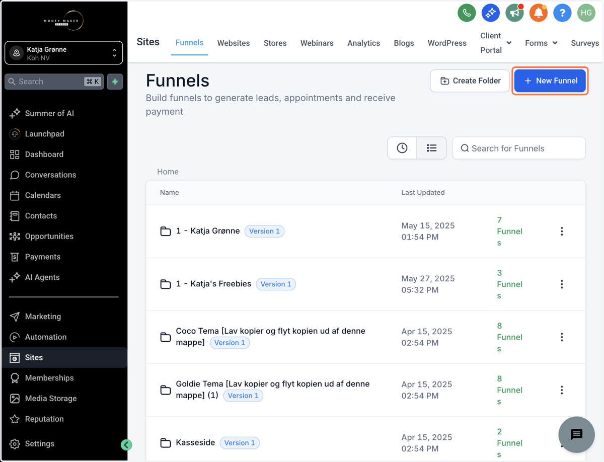 Under menuen "Sites" og derefter "Funnels", klik på "+ New Funnel"