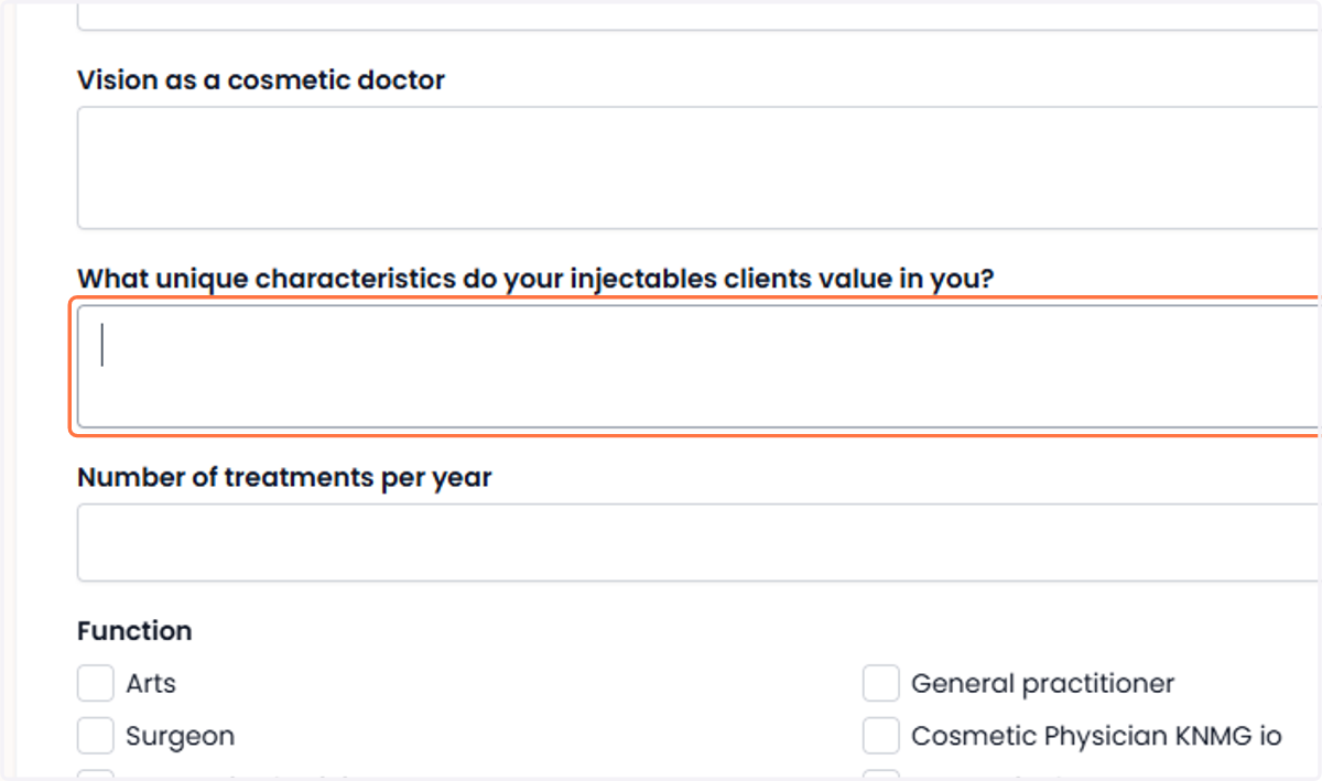 Click on ‘What unique qualities do your injectables clients appreciate in you?’ Klik op 'Welke unieke eigenschappen waarderen jouw injectables-cliënten in jou?'