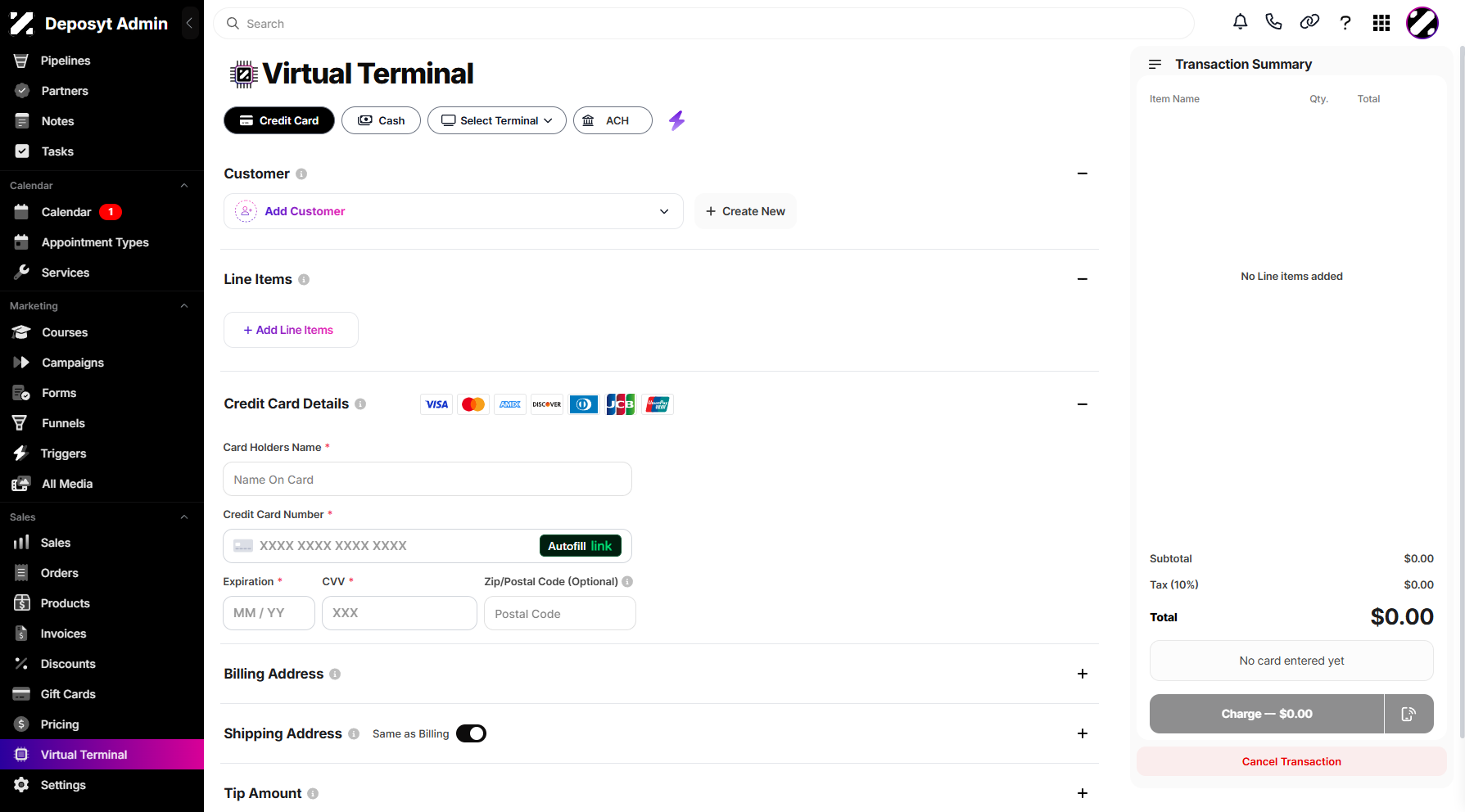 Step 3: You will then be navigated to the Virtual Terminal. Virtual Terminal is a secure interface that allows you to manually process payments without needing a physical card reader or point-of-sale device. It is commonly used for remote or assisted transactions.
