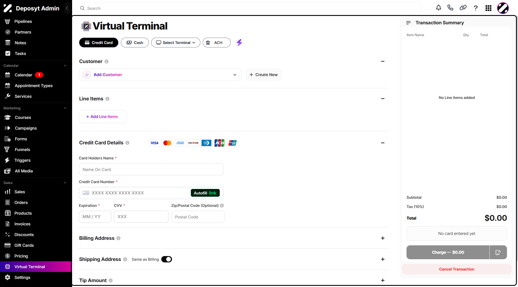 Step 3: You will then be navigated to the Virtual Terminal. Virtual Terminal is a secure interface that allows you to manually process payments without needing a physical card reader or point-of-sale device. It is commonly used for remote or assisted transactions.