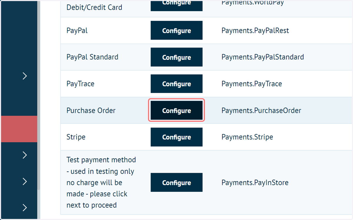 Locate the Purchase Order row and click on Configure