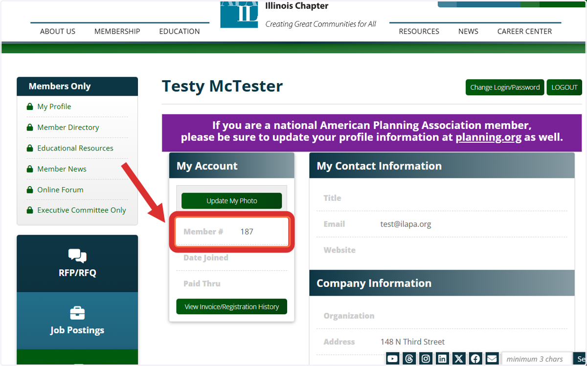After successfully logging into the website, your profile page will appear. Your membership number will be shown under My Account.