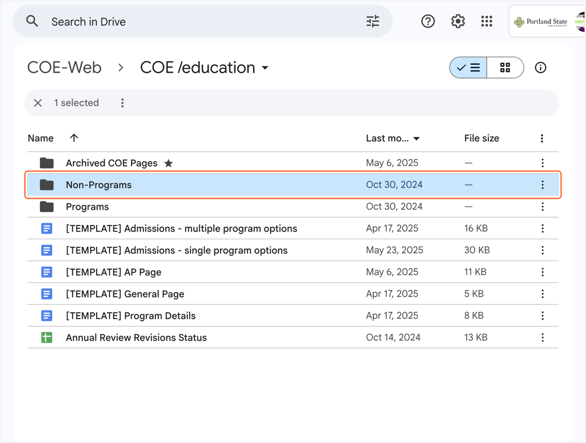 Click on Programs for academic programs and their Admissions or Program Details pages, or Non-Programs for all other COE webpages.