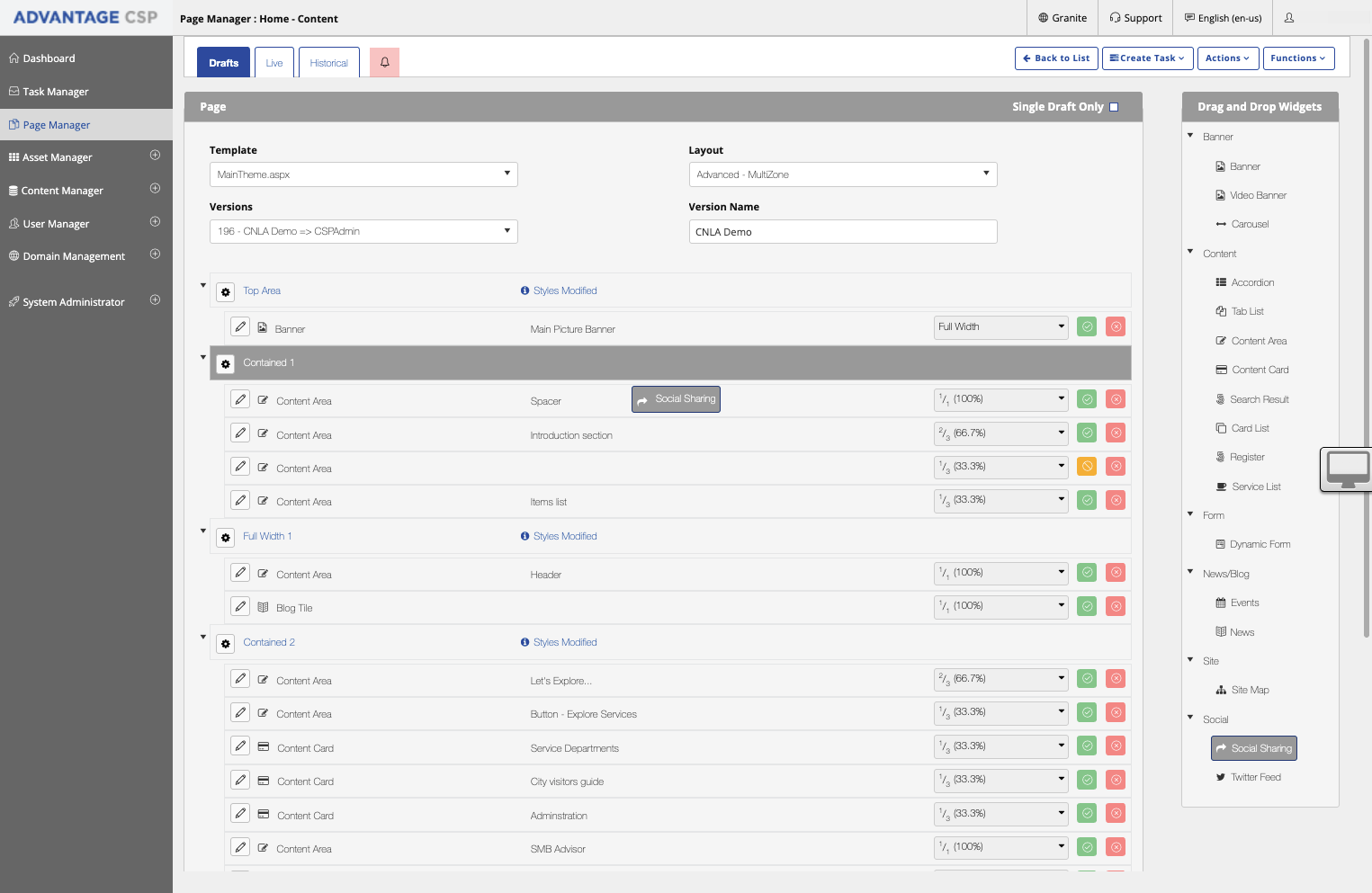 Select Social Sharing and Drag and Drop it into the zone you want the feed to appear.