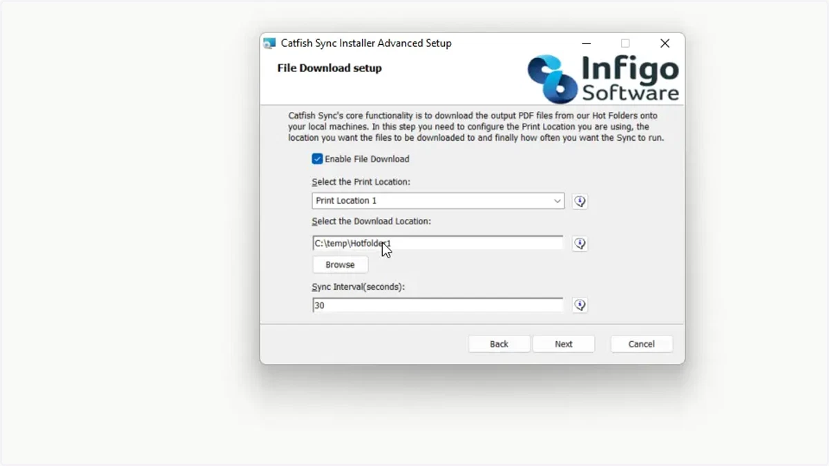 Complete Infigo Sync configuration settings