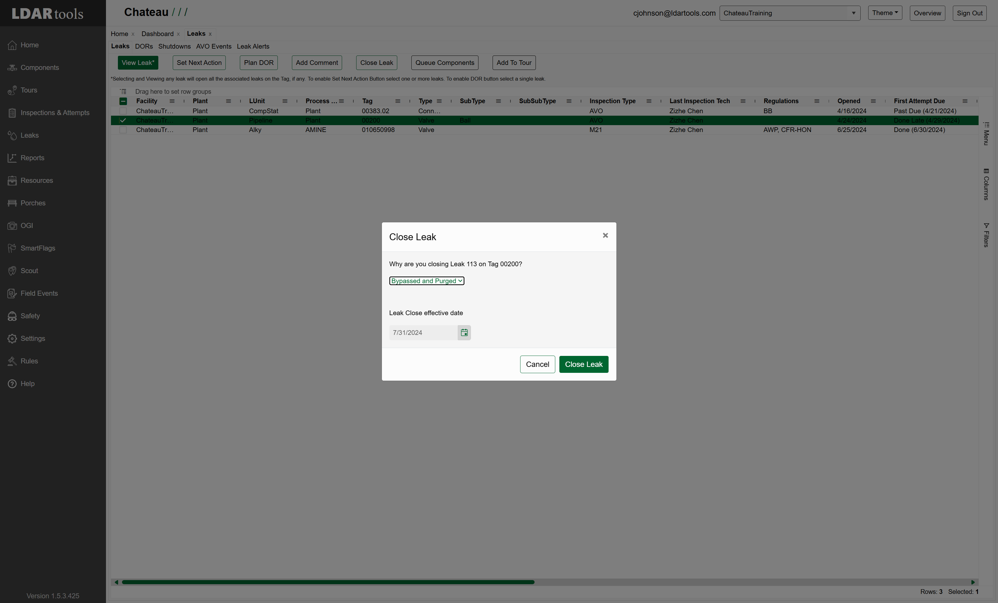 Enter the date you want to use as closing date for the leak.