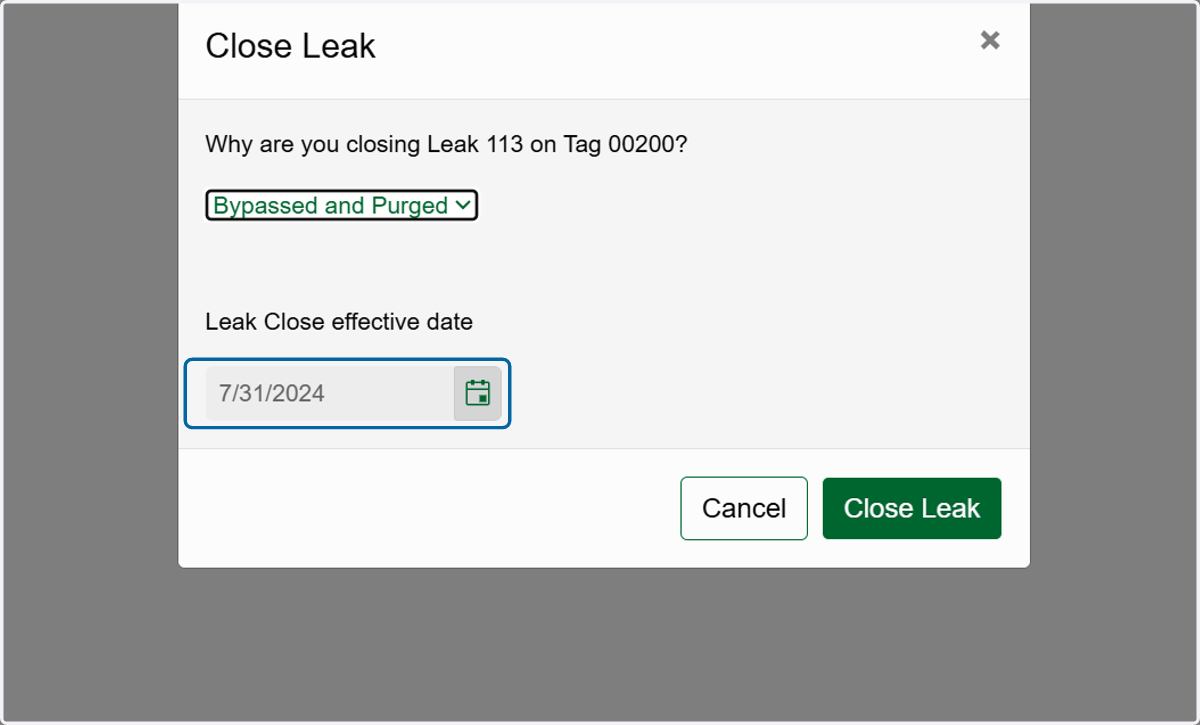 Enter the date you want to use as closing date for the leak.