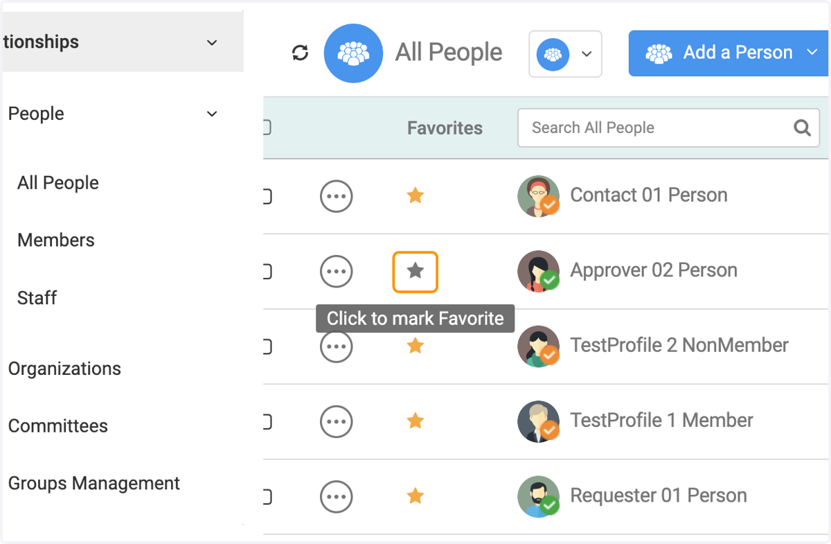 Click on the star to specify the individual you wish to be part of the favorite list
