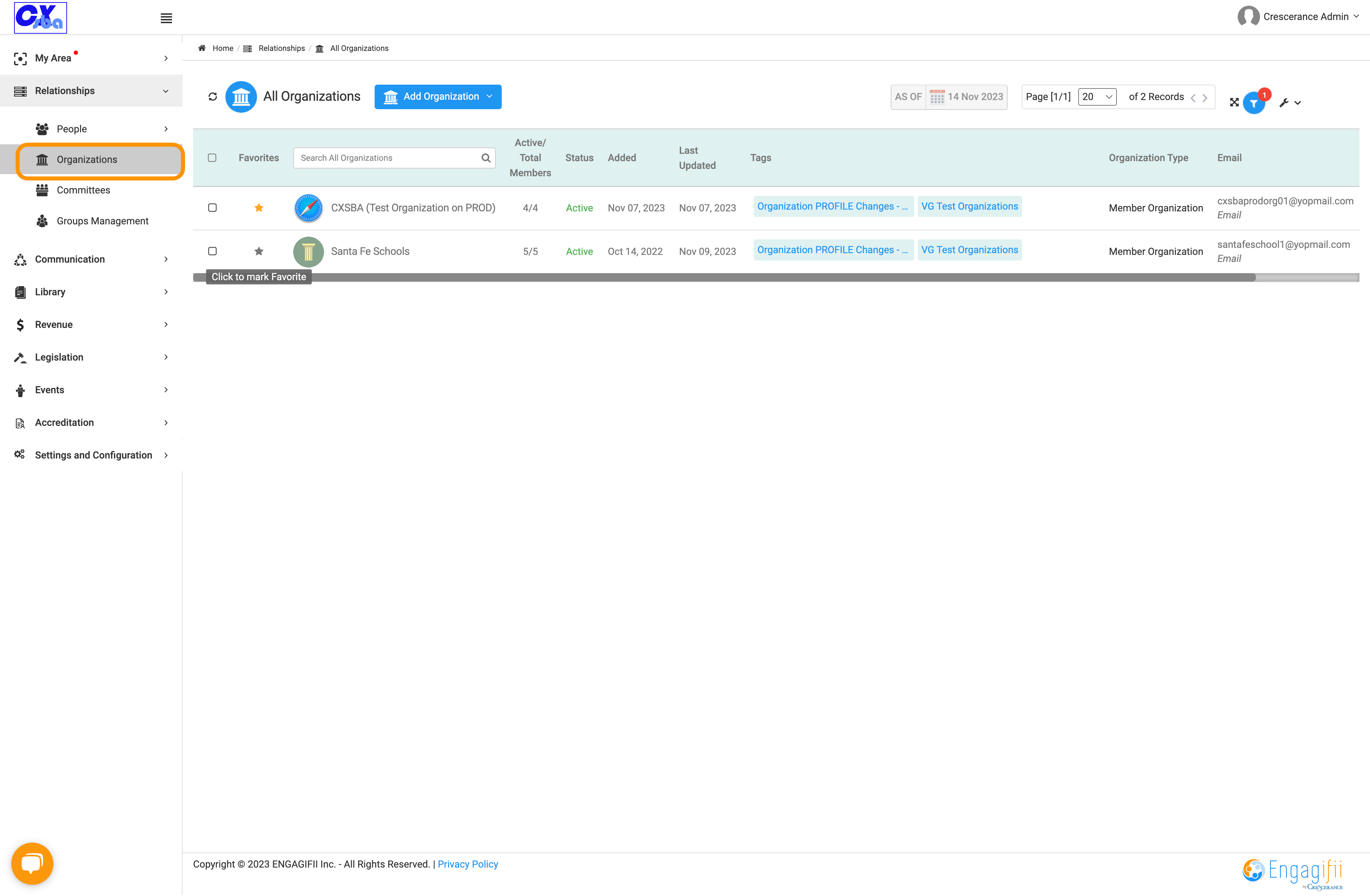 Click on Organizations and the star to specify the organization you wish to be part of the favorite list