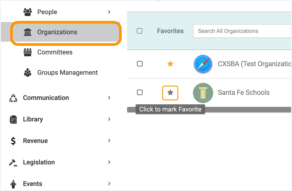 Click on Organizations and the star to specify the organization you wish to be part of the favorite list