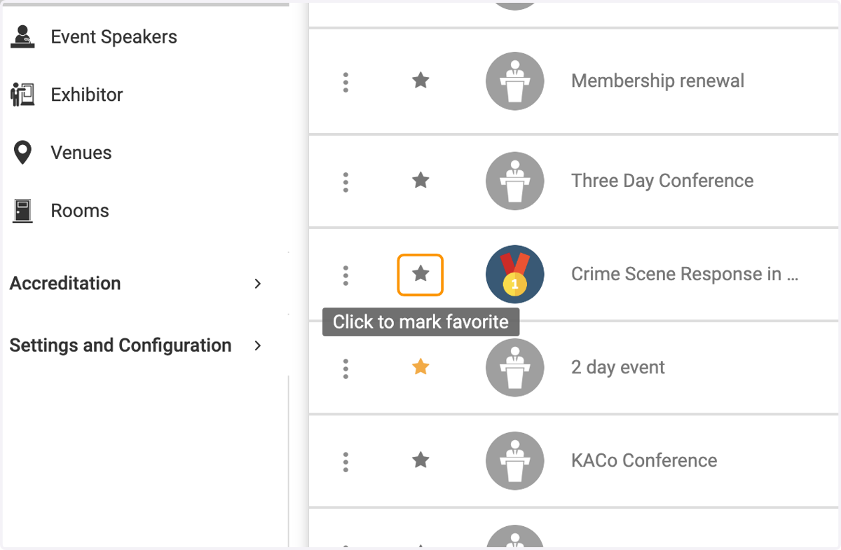 Click on the star to specify the event you wish to be part of the favorite list