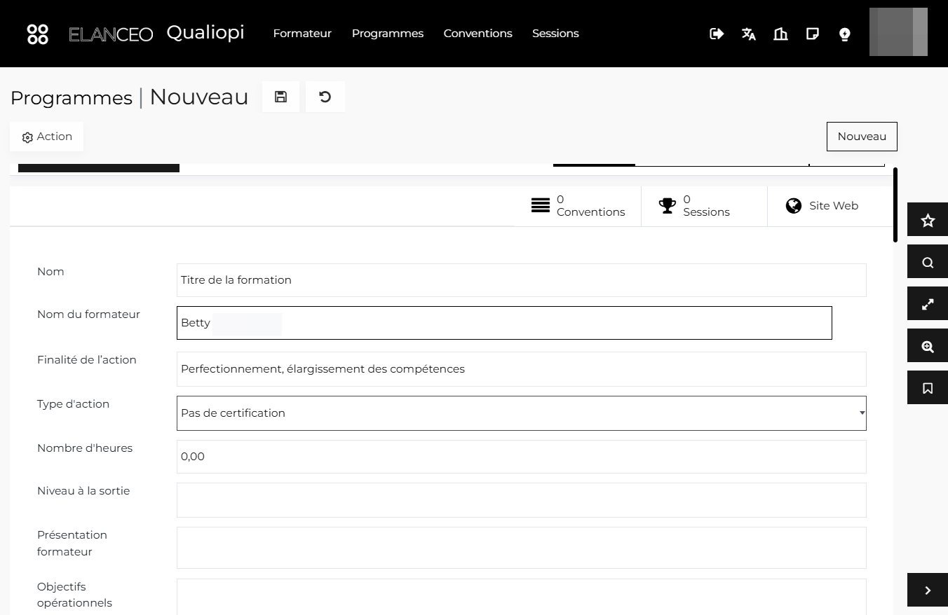 Sélectionner le type d'action qui est forcément "Pas de certification" dans le cadre de la formation