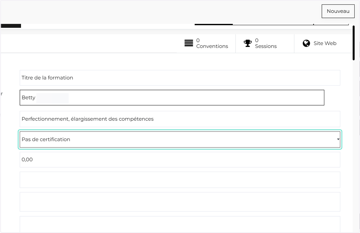 Sélectionner le type d'action qui est forcément "Pas de certification" dans le cadre de la formation