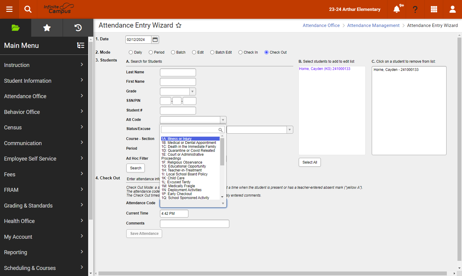 In the Check Out section, select the Attendance Code from the dropdown list.