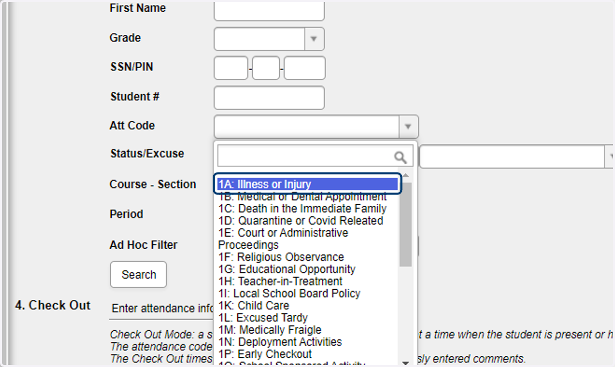 In the Check Out section, select the Attendance Code from the dropdown list.