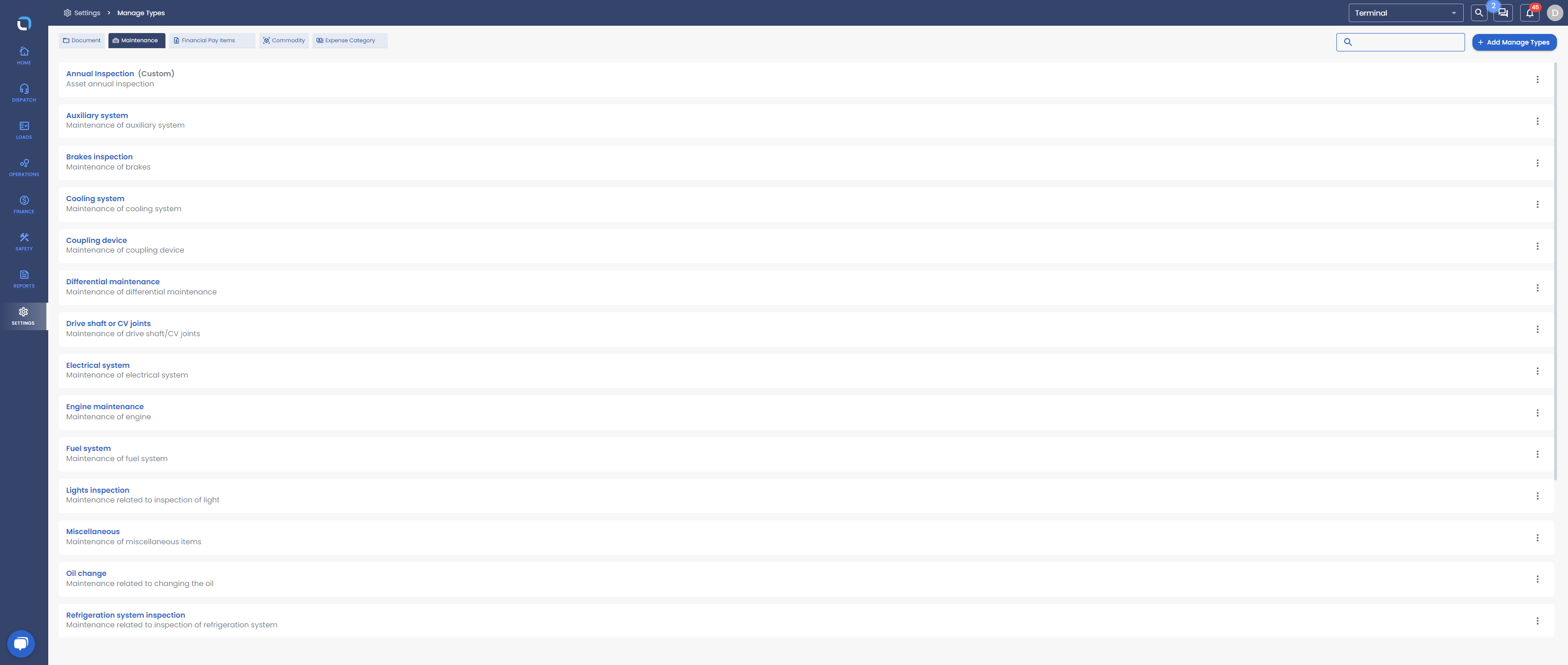 Custom Item will now appear under Maintenance > Manage Types