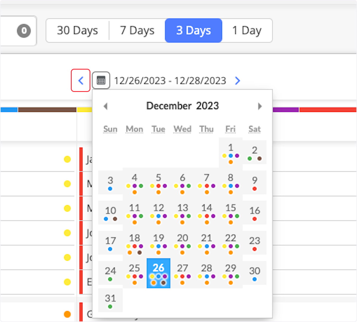 Clicking on the calendar allows you to jump ahead either days, months, or years. You can also use the blue arrows to go day by day without selecting the Calendar. 
