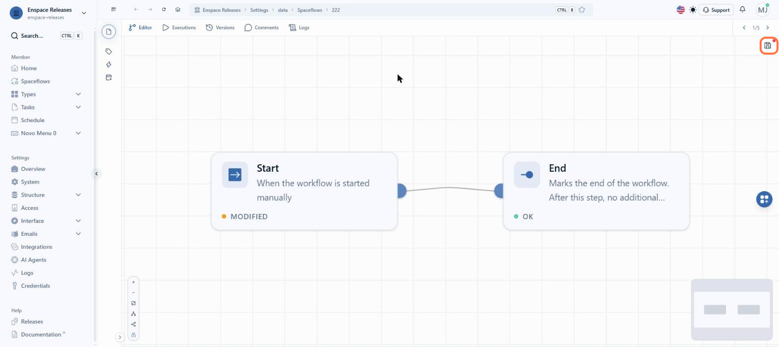 When you change a node, it starts showing the MODIFIED mark and the save icon gets a red dot: that is how the editor shows there are unsaved changes