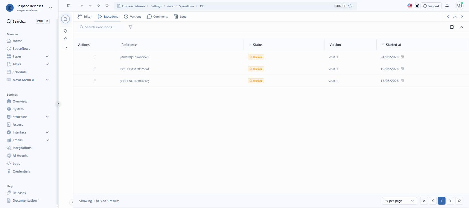 The Executions tab lists the flow executions on the page itself. Comments and Logs follow the same logic: you check them without leaving the editor