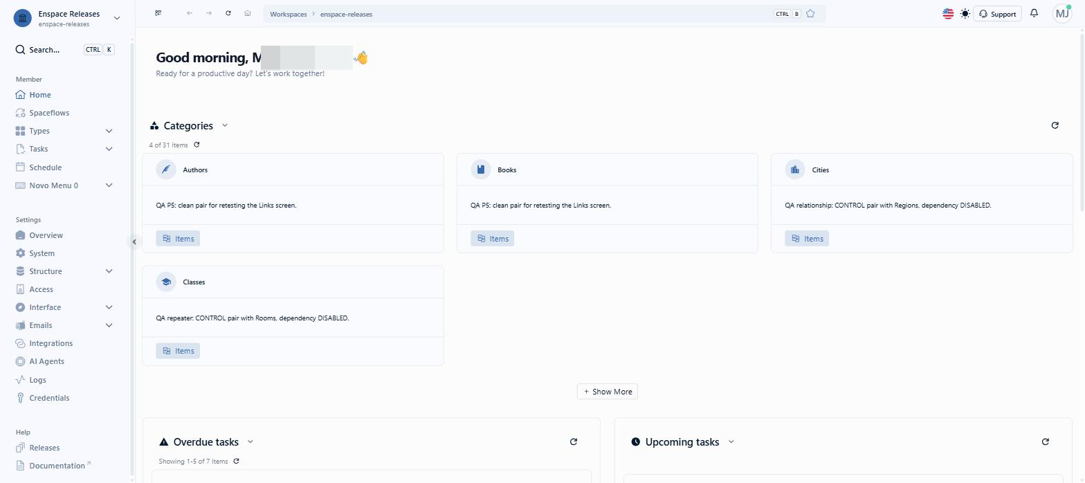 On the workspace Home screen, the left side menu separates what you use day to day, under Member, from what you configure, under Settings. Click Structure