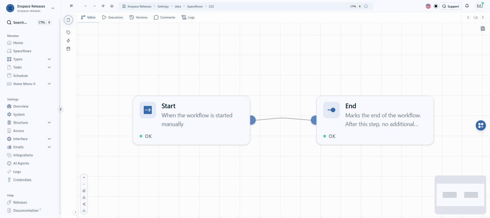 The editor opens in two columns: the flow diagram takes the main area and, at the top, sit the Editor, Executions, Versions, Comments and Logs tabs, all on the same page, without taking you out of the flow