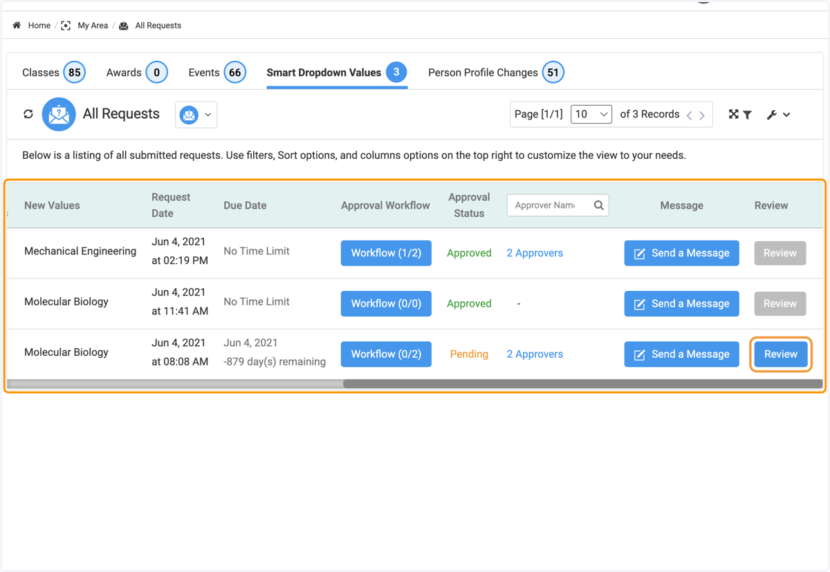 On this screen you'll see all approval requests for Smart Dropdowns