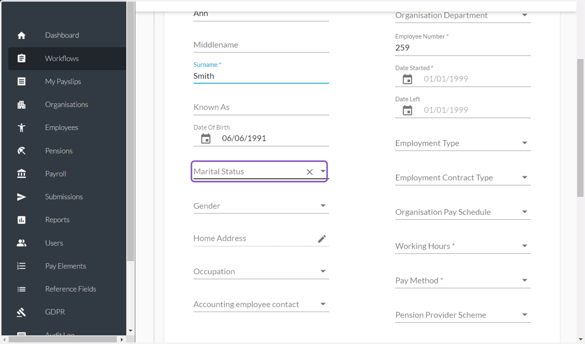 Select the Marital Status from the dropdown