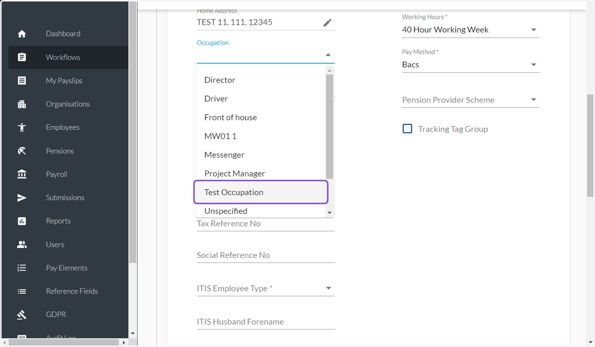 Click on Test Occupation