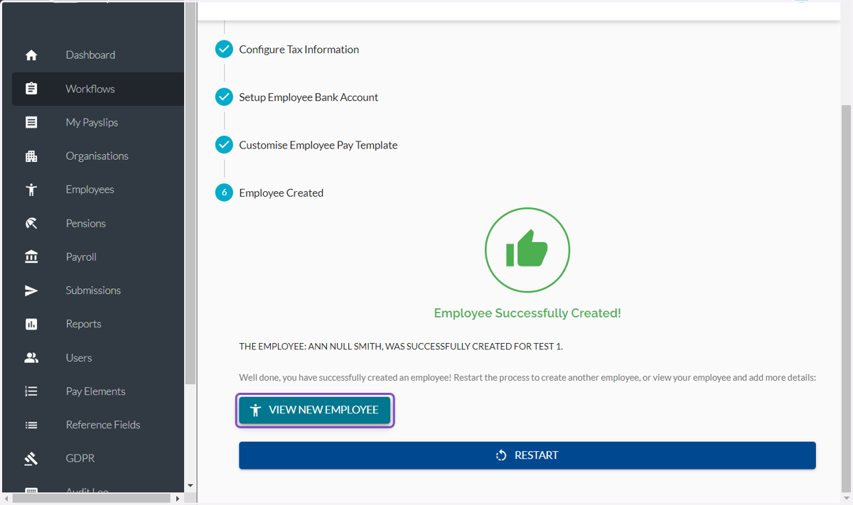 You can now Click on VIEW NEW EMPLOYEE to review the information