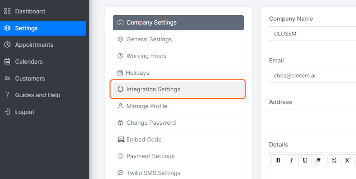 Click "Integration Settings"
