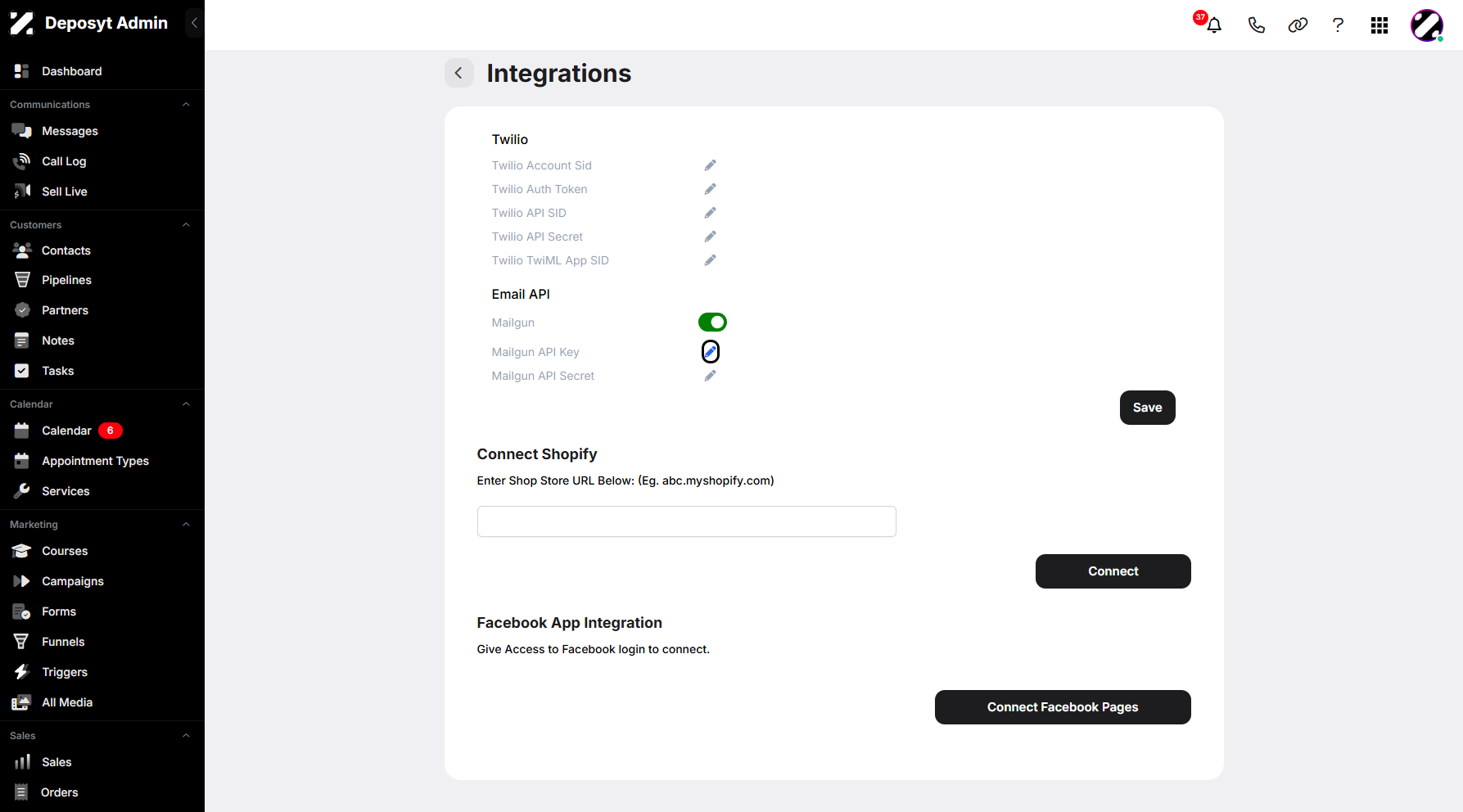 Step 6: Once enabled, key fields such as API Key and API Secret will appear. Click the pencil icon to add the keys for your selected Mailgun account.
