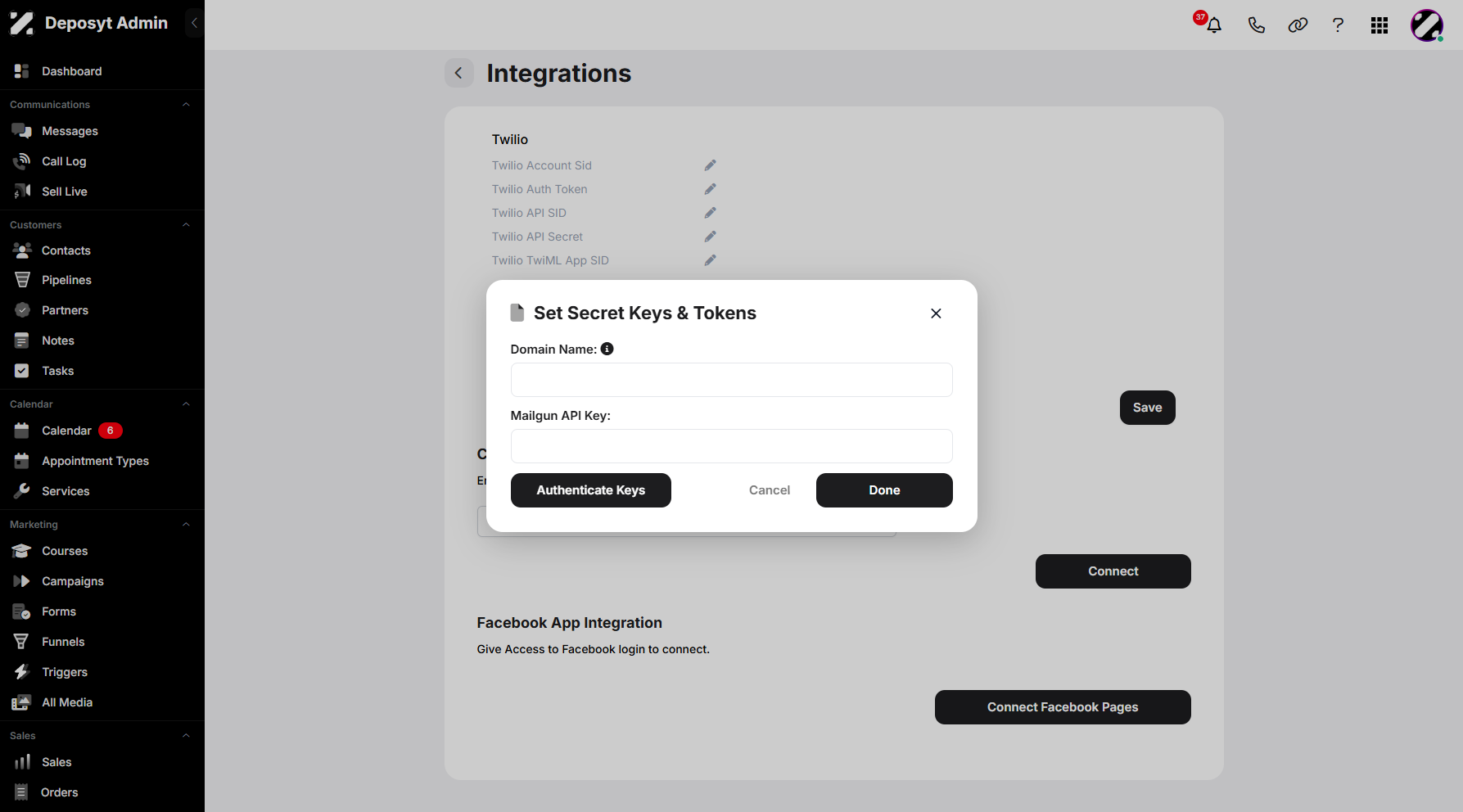 Step 7: A pop-up window will appear, prompting you to enter your Domain Name and Mailgun Key. Click Authenticate Keys to verify your email API connection.
