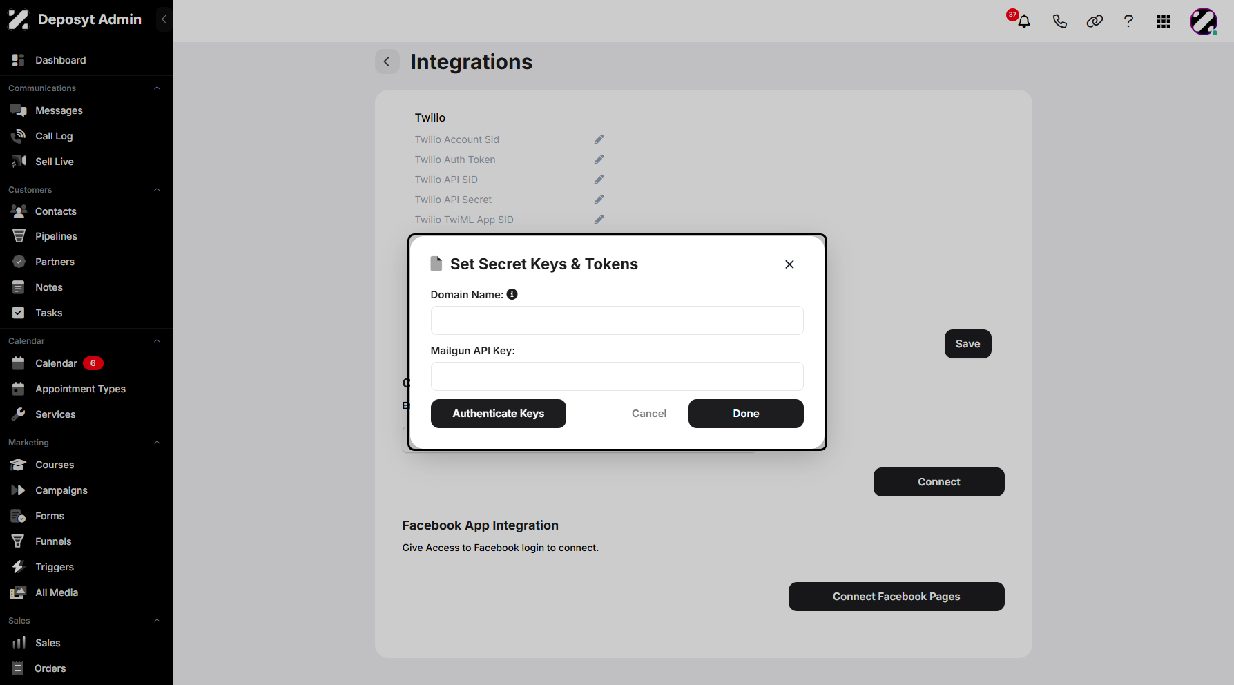Step 7: A pop-up window will appear, prompting you to enter your Domain Name and Mailgun Key. Click Authenticate Keys to verify your email API connection.