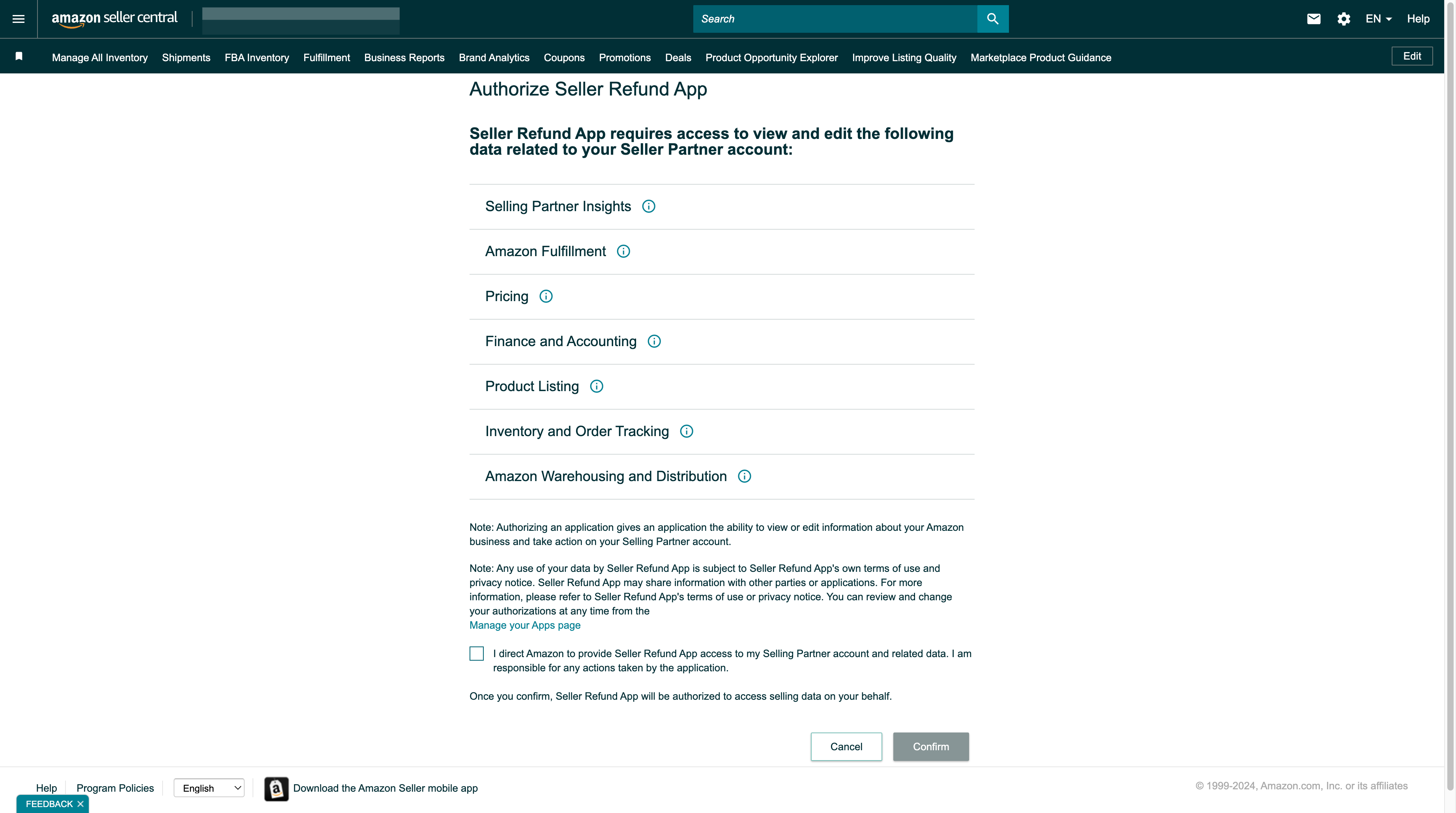 Click on I direct Amazon to provide Seller Refund App access to my Selling Partner account and related data. I am responsible for any actions taken by the application.