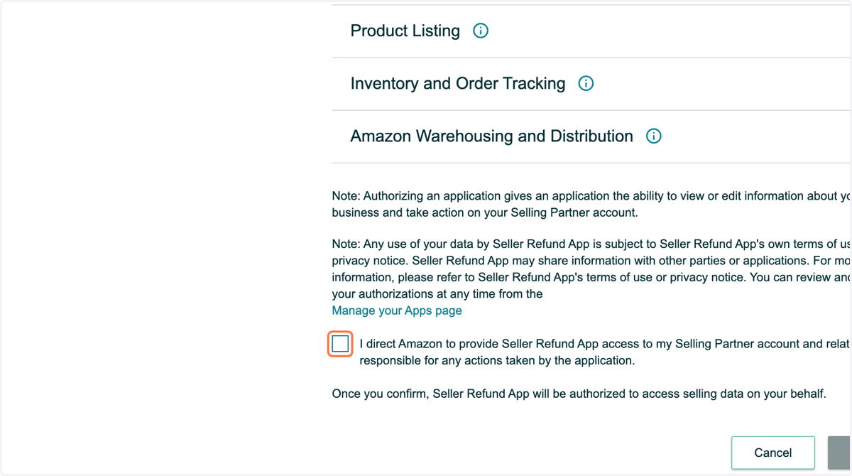 Click on I direct Amazon to provide Seller Refund App access to my Selling Partner account and related data. I am responsible for any actions taken by the application.