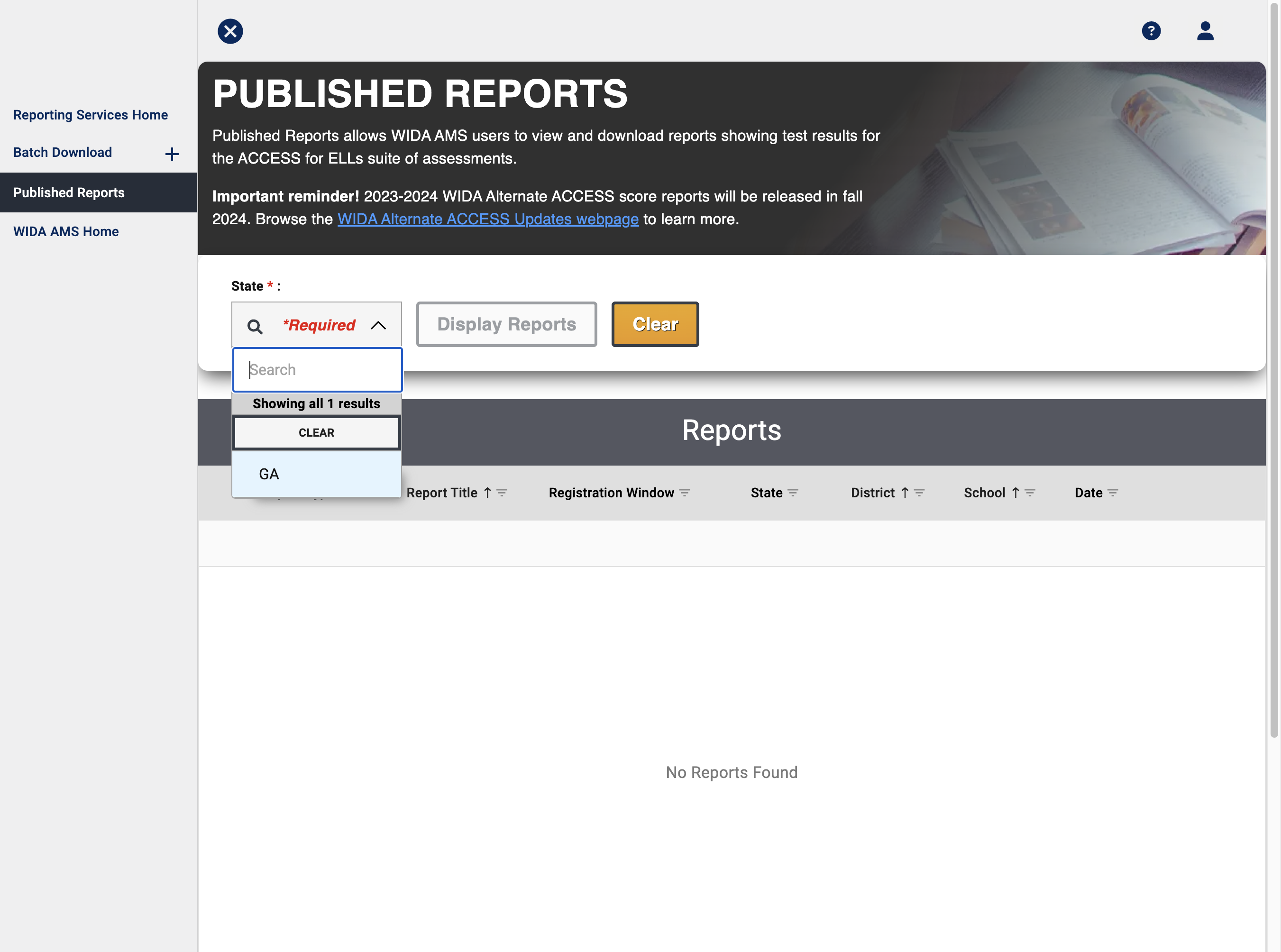 Complete the filters for State, District, and Registration Window