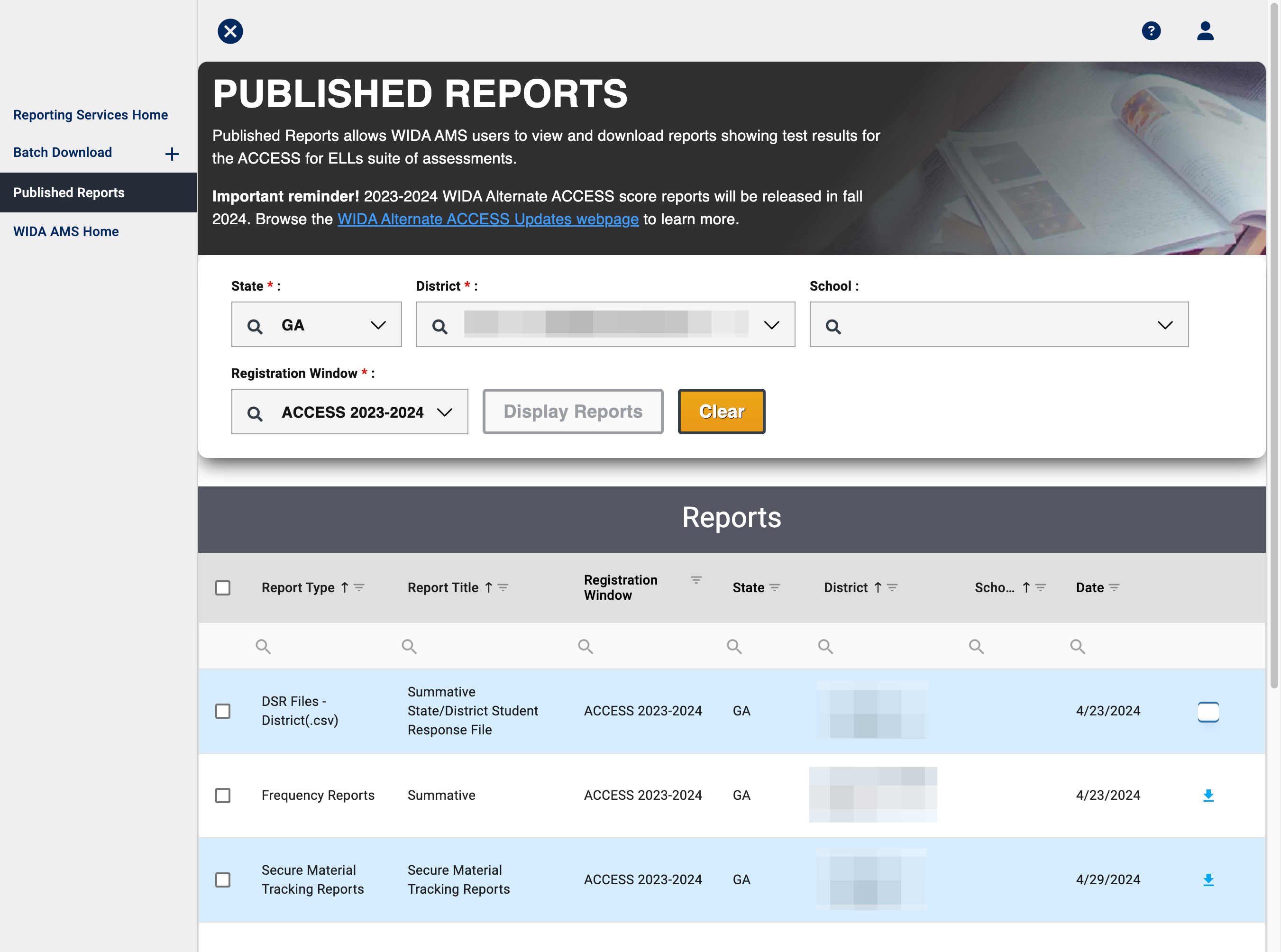 Click on Download icon for DSR District file (Summative ACCESS)