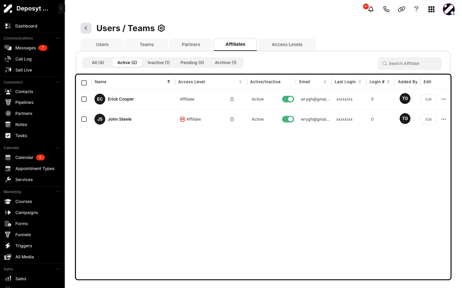 Step 4: Click on the Affiliates tab to view and manage the Affiliates section.