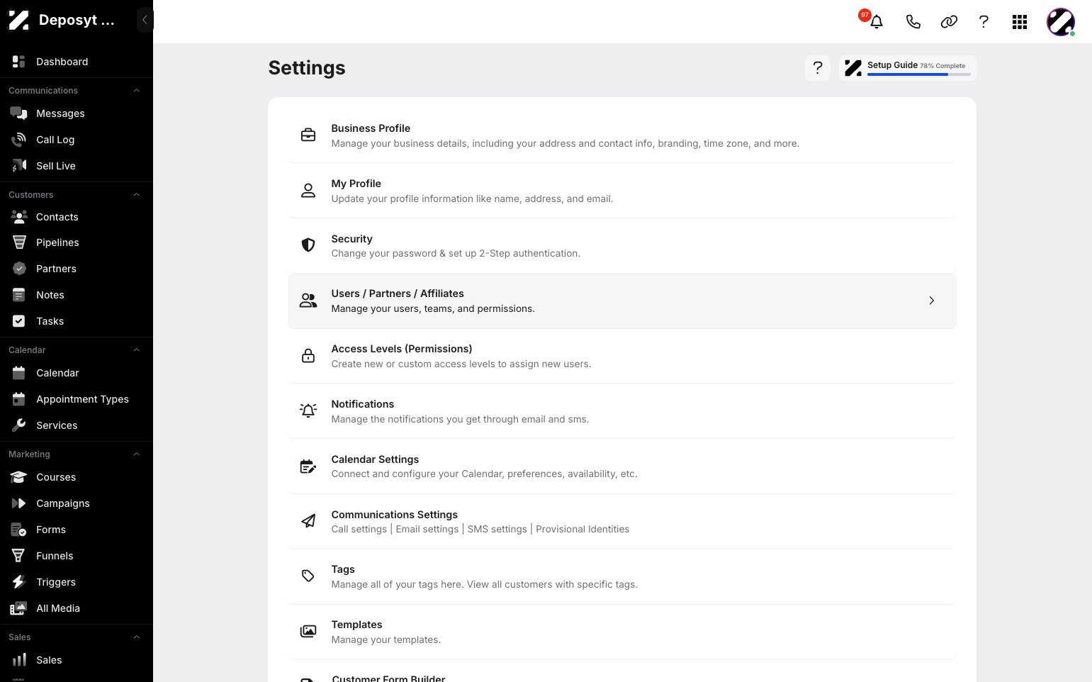 Step 3: You will then be navigated to the Settings page. Click on Users / Partners / Affiliates