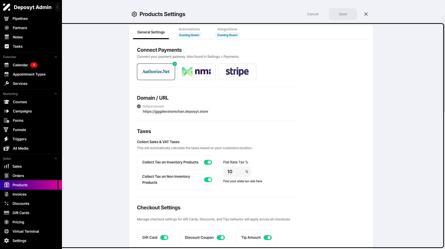 Step 4: Once clicked, you will be taken to the Products Settings page, where you can manage your product settings.