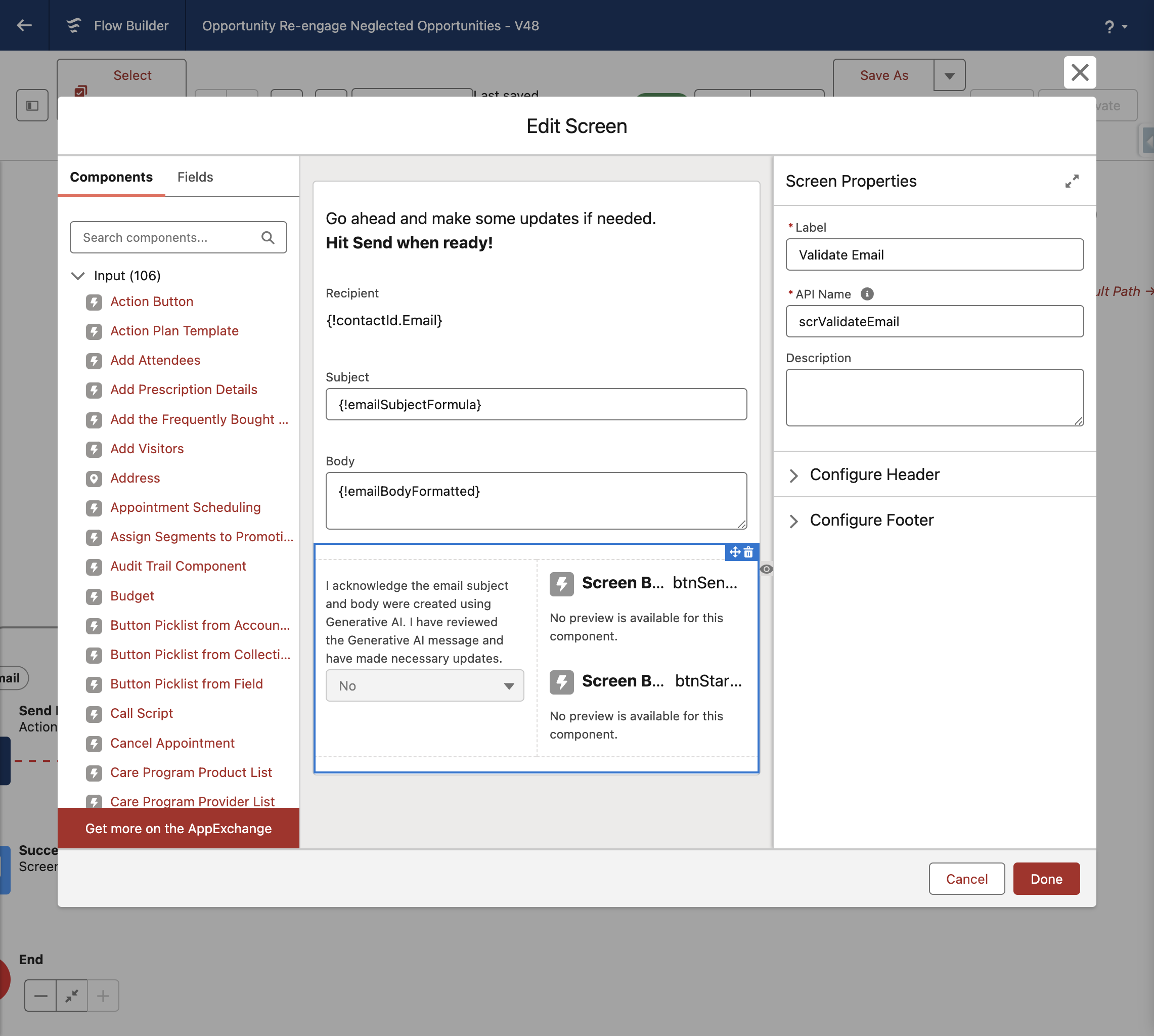 Screen Element - notice the formulas that are in the text components for the Subject and Body