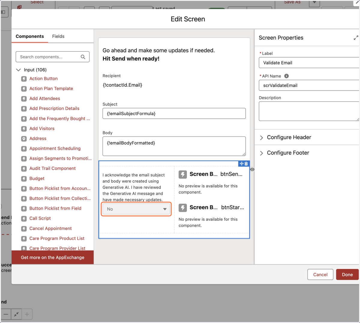 Screen Element - notice the formulas that are in the text components for the Subject and Body