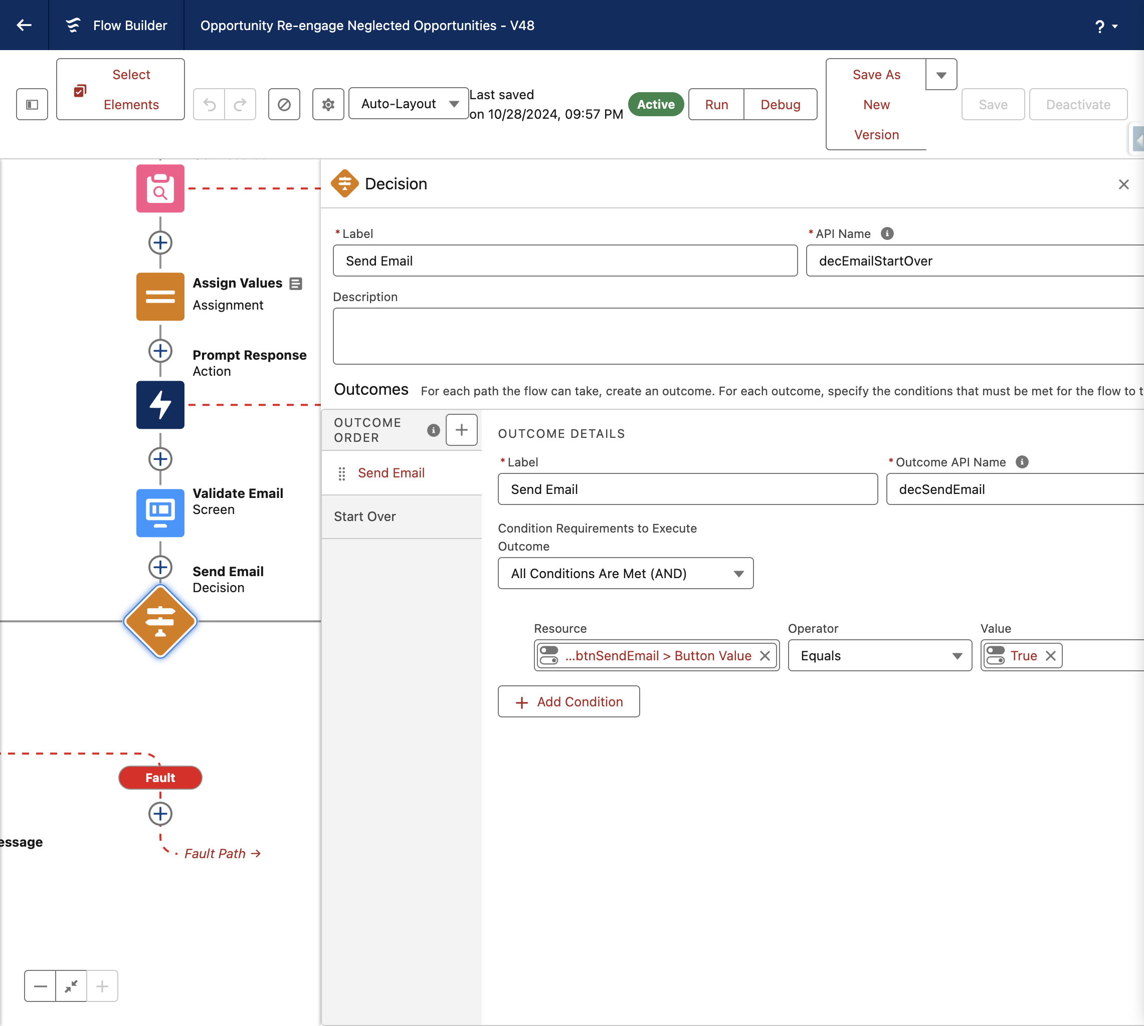 Decision Element to determine if Send Email was selected