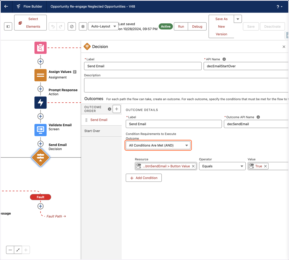 Decision Element to determine if Send Email was selected