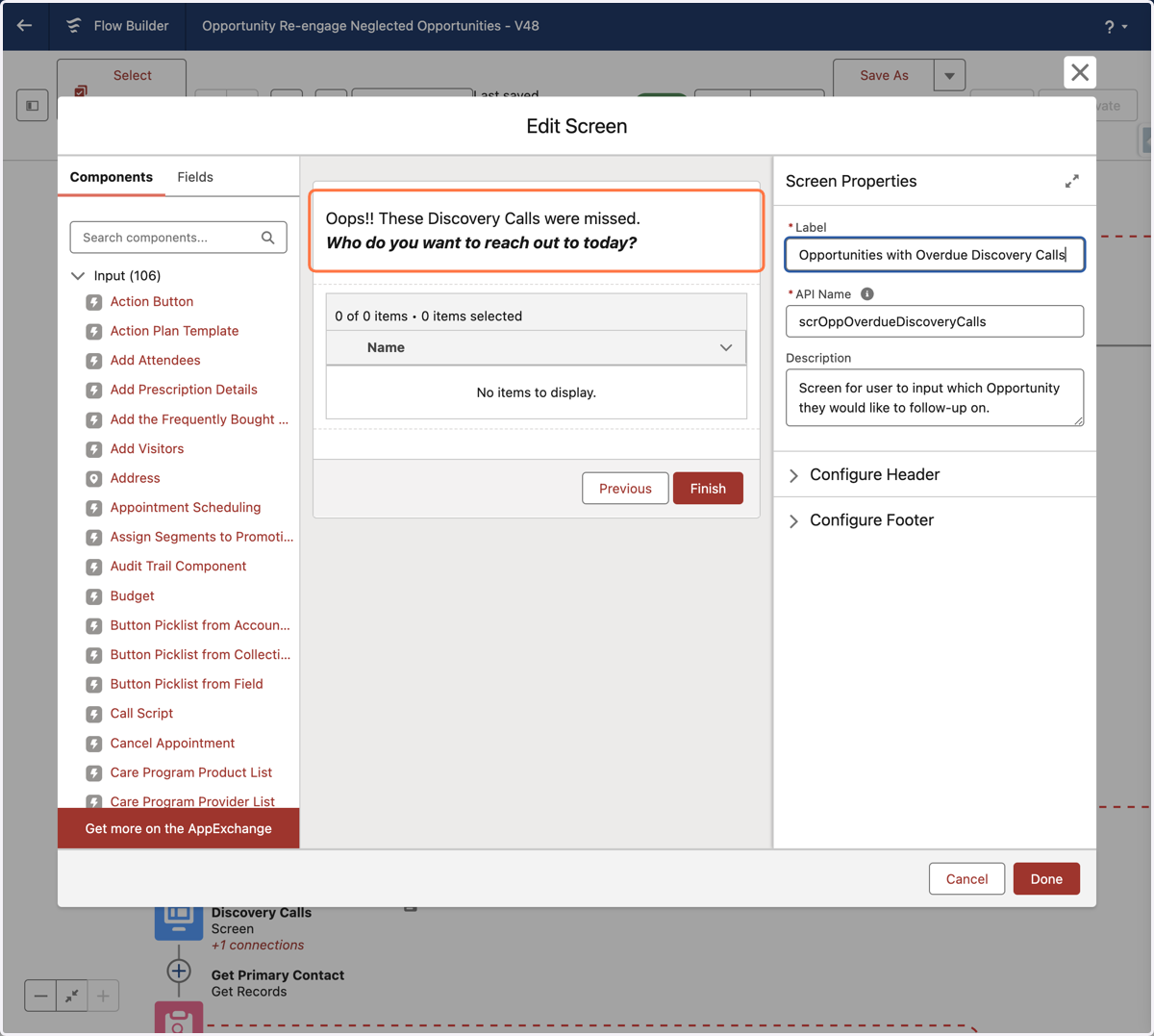 Screen Component to expose Neglected Opportunities - allows user to interact