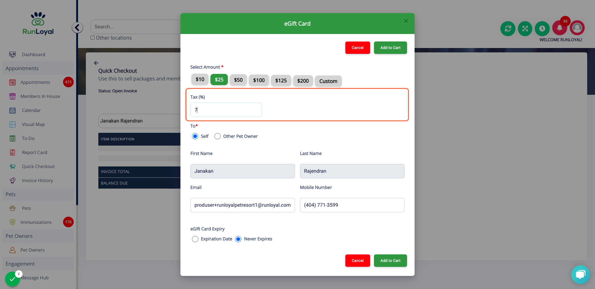 Click on Add Product -->eGift Card and select the amount, tax and the recipient of the eGift Card